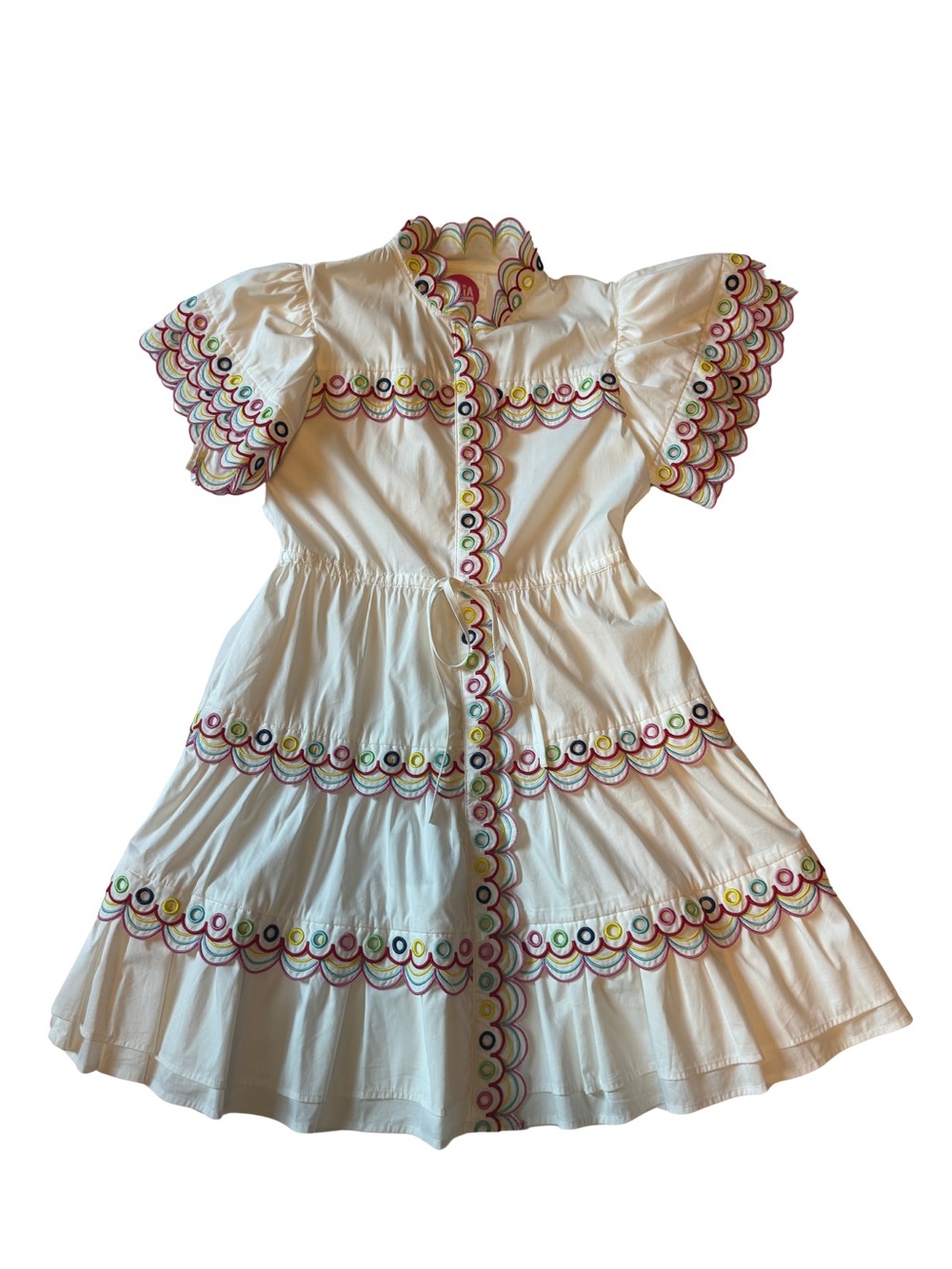 CeliaB White Dress with Multicolor Scallop Embroidery